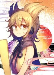 Rule 34 | 1girl, bare shoulders, brown eyes, closed mouth, earmuffs, from side, light brown hair, looking at viewer, looking to the side, peach camellia, pointy hair, ritual baton, shirt, sleeveless, sleeveless shirt, smile, solo, touhou, toyosatomimi no miko, upper body