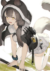 Rule 34 | 1girl, :d, all fours, animal ears, animal hood, arknights, brown eyes, brown hair, haocong33, honeyberry (arknights), hood, id card, long hair, open mouth, smile, solo, tail, thighhighs, white thighhighs, wristband