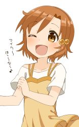 Rule 34 | 10s, 1girl, ;d, bad id, bad pixiv id, brown eyes, brown hair, hair bobbles, hair ornament, highres, idolmaster, idolmaster million live!, muku (muku-coffee), one eye closed, open mouth, short hair, simple background, smile, solo, translation request, white background, wink, yabuki kana