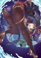 Rule 34 | 1girl, artist request, ass, bent over, blush, book, brown hair, cape, detached sleeves, elbow gloves, from behind, genshin impact, gloves, green eyes, hair ornament, hair ribbon, hat, high heels, highres, leotard, long hair, looking at viewer, mona (genshin impact), open mouth, pantyhose, ribbon, smile, solo, thighlet, twintails, very long hair, water