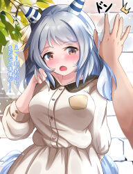 Rule 34 | 1girl, alternate costume, animal ears, blush, breasts, brown eyes, casual, collarbone, commentary request, grey hair, hair between eyes, hair ornament, highres, hishi miracle (umamusume), horse ears, horse girl, horse tail, kabedon, leaf, liukensama, looking at viewer, medium breasts, plant, pov, pov hands, solo, tail, translation request, umamusume, wall