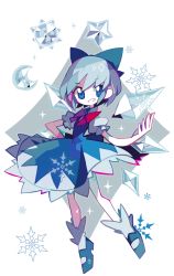 Rule 34 | 1girl, amakusa, amakusa (hidorozoa), blue dress, blue eyes, blue hair, cirno, crescent, dress, full body, grin, hair ribbon, ice, ice wings, looking at viewer, mary janes, moon, puffy sleeves, ribbon, shoes, short hair, short sleeves, smile, snowflakes, socks, solo, sparkle, sun, touhou, upskirt, white background, wings