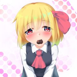 Rule 34 | 1girl, alternate breast size, ascot, black skirt, black vest, blonde hair, blush, breasts, candy, chocolate, chocolate heart, commentary request, food, gradient background, hair between eyes, hair ribbon, head tilt, heart, highres, leaning forward, light smile, long sleeves, looking at viewer, medium breasts, mouth hold, polka dot, polka dot background, red ascot, red eyes, ribbon, rody (hayama yuu), rumia, shirt, short hair, skirt, solo, standing, tareme, touhou, upper body, v arms, valentine, vest, white shirt