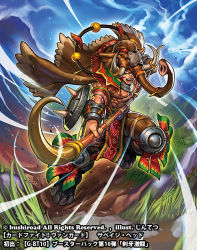 Rule 34 | 1boy, abs, artist name, boots, cape, cardfight!! vanguard, company name, day, facial tattoo, grass, hat, horns, jintetsu, male focus, mammoth ears, official art, open mouth, polearm, red eyes, rock, savage head, scar, shield, topless male, sky, solo, sparkle, spear, tattoo, teeth, weapon