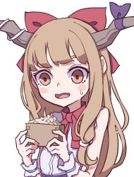 Rule 34 | 1girl, bare shoulders, blush stickers, bow, box, brown eyes, eyebrows hidden by hair, fang, flat chest, food, hair bow, hands up, highres, holding, holding box, horn bow, horn ornament, horns, ibuki suika, kame (kamepan44231), light brown hair, long hair, looking at food, nattou, neck ribbon, one-hour drawing challenge, oni horns, purple bow, red bow, red ribbon, ribbon, shirt, sidelocks, simple background, skin fang, sleeveless, sleeveless shirt, solo, swept bangs, touhou, upper body, white background, wrist cuffs