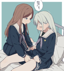 Rule 34 | 2girls, :d, bang dream!, bang dream! it&#039;s mygo!!!!!, bed, bed sheet, blue eyes, blue serafuku, blue shirt, blue skirt, blush, breast pocket, brown hair, clothes lift, coldcat., fingering, forehead, grey hair, hair behind ear, hair ornament, hairclip, highres, holding hands, lifted by self, long hair, long sleeves, looking at another, multiple girls, nagasaki soyo, neckerchief, no panties, nose blush, on bed, open mouth, parted bangs, pillow, pleated skirt, pocket, purple neckerchief, sailor collar, school uniform, serafuku, shirt, sidelocks, sitting, skirt, skirt lift, smile, straight hair, sweatdrop, wakaba mutsumi, white sailor collar, yuri