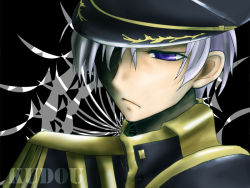 Rule 34 | 00s, 07-ghost, 1boy, :/, ayanami (07-ghost), black background, hat, kudou (wil0830s), male focus, military, military hat, military uniform, pixiv id 787857, purple eyes, short hair, solo, uniform, white hair