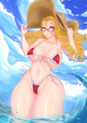 Rule 34 | 1girl, absurdres, adjusting clothes, adjusting headwear, bare shoulders, bikini, blonde hair, breasts, cameltoe, cloud, cloudy sky, collarbone, cowboy shot, day, drill hair, hat, highres, kanzuki karin, large breasts, long hair, looking at viewer, matching hair/eyes, molu, moluscoo, navel, parted lips, partially submerged, red bikini, side-tie bikini bottom, sky, solo, standing, street fighter, sun hat, sunglasses, swimsuit, water, yellow eyes