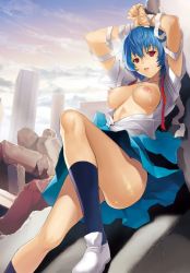 Rule 34 | 1girl, ass, ayanami rei, bandages, blue hair, breasts, female focus, large breasts, neon genesis evangelion, nipples, open clothes, open shirt, outdoors, red eyes, sage joh, school uniform, shirt, sky, solo, thighs