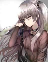 Rule 34 | 1girl, absurdres, bag, black bra, blush, bra, breasts, brown shirt, choker, closed mouth, cross, cross choker, floating hair, girls&#039; frontline, hair between eyes, hair ornament, highres, holding, holding bag, long hair, long sleeves, looking at viewer, one eye closed, one side up, scar, scar across eye, scar on face, see-through, shirt, small breasts, smile, sunhyun, ump45 (girls&#039; frontline), underwear, upper body, yellow eyes