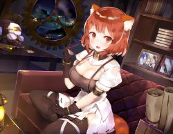 Rule 34 | 1girl, animal ears, belt, bookshelf, breasts, brown eyes, brown hair, cleavage, commentary request, couch, cowboy shot, glasses, gloves, hat, highres, indoors, lamp, large breasts, looking at viewer, nijisanji, open mouth, raccoon ears, raccoon tail, ratna petit, sitting, tail, thighhighs, thighs, virtual youtuber, window
