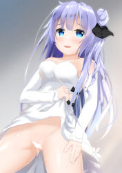 Rule 34 | 1girl, azur lane, bare shoulders, black bow, black ribbon, blue eyes, blush, bow, breasts, censored, clothes lift, detached sleeves, dress, dress lift, hair bun, hair ribbon, kogyokuapple, lifted by self, light censor, long hair, long sleeves, looking at viewer, medium breasts, no panties, one side up, parted lips, purple hair, pussy, pussy juice, ribbon, side bun, single hair bun, single side bun, solo, strapless, strapless dress, unicorn (azur lane), very long hair, white dress