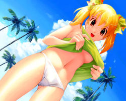 Rule 34 | 1girl, bare shoulders, beach, blonde hair, breasts, character request, clothes lift, cloud, coconut tree, copyright request, cowboy shot, day, dot nose, dutch angle, from below, green shirt, hair ribbon, iuro, looking at viewer, looking down, medium hair, midriff, navel, outdoors, palm tree, panties, ribbon, shirt, shirt lift, short hair, sky, smile, solo, source request, tree, twintails, underboob, underwear, white panties
