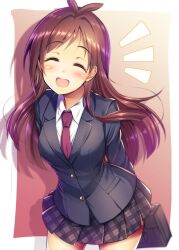 Rule 34 | 1girl, antenna hair, bag, blush, breasts, brown hair, dot nose, gradient background, grey jacket, grey skirt, grid background, holding, holding bag, idolmaster, idolmaster cinderella girls, idolmaster cinderella girls starlight stage, jacket, long hair, looking at viewer, medium breasts, ment, necktie, open mouth, outside border, pink background, plaid, plaid skirt, pleated skirt, red necktie, school bag, school uniform, shirt, skirt, smile, solo, tsujino akari, white shirt