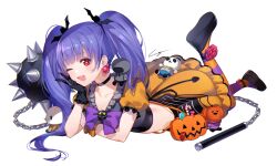 Rule 34 | 1girl, bat hair ornament, black choker, black footwear, black gloves, blunt bangs, bow, character request, choker, collarbone, copyright request, earrings, frilled skirt, frills, gloves, gomi chihiro, hair ornament, highres, jack-o&#039;-lantern, jack-o&#039;-lantern ornament, jewelry, long hair, looking at viewer, lying, on stomach, one eye closed, open mouth, orange skirt, pantyhose, pink eyes, puffy short sleeves, puffy sleeves, purple bow, purple hair, short sleeves, signature, simple background, skirt, solo, star-shaped pupils, star (symbol), striped clothes, striped pantyhose, stuffed toy, symbol-shaped pupils, twintails, two-tone shirt, white background