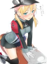 Rule 34 | 10s, 1girl, 2016, ama mitsuki, blonde hair, blush, breasts, commentary request, dated, gloves, green eyes, hat, kantai collection, low twintails, medium breasts, microskirt, military, military hat, military uniform, peaked cap, prinz eugen (kancolle), riding machine, skirt, solo, translated, twintails, uniform, white gloves