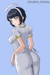 Rule 34 | 1girl, angel, aqua eyes, arched back, ass, ass focus, azazel (helltaker), black hair, blue background, blush, breasts, bright pupils, cowboy shot, english text, from behind, hairband, halo, hashtag, helltaker, highres, impossible pants, looking at viewer, looking back, medium breasts, nourenartist, pants, parted lips, shirt, short hair, short sleeves, sidelocks, simple background, smile, solo, standing, white hairband, white pants, white pupils, white shirt