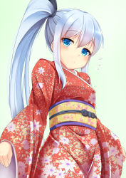 Rule 34 | 1girl, blue eyes, blue hair, blush, breasts, closed mouth, commentary request, floral print, flying sweatdrops, green background, hair between eyes, happy new year, highres, japanese clothes, kimono, kirimori toya, long hair, long sleeves, looking at viewer, nengajou, new year, obi, original, print kimono, red kimono, sash, side ponytail, simple background, small breasts, solo, very long hair, wide sleeves