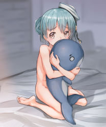 Rule 34 | 1girl, barefoot, bed, blue hair, covering privates, dixie cup hat, double bun, embarrassed, grey eyes, groin, hair bun, hat, highres, hug, kabayaki namazu, kantai collection, kneeling, little blue whale (kancolle), looking at viewer, military hat, nude, room, samuel b. roberts (kancolle), shadow, short hair, solo, stuffed whale