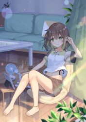 Rule 34 | 1girl, barefoot, black shirt, blurry, brown hair, brown shorts, couch, cushion, depth of field, dog, electric fan, feet, green eyes, green shirt, hair between eyes, highres, indoors, leaf, looking at viewer, midriff, miko fly, multicolored shirt, navel, original, reflective floor, shirt, short shorts, short sleeves, shorts, sidelocks, signature, smile, sunlight, t-shirt, table, tablet pc, white shirt, wooden floor