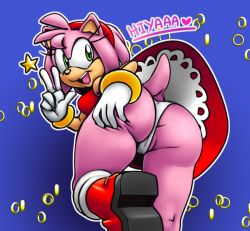 Rule 34 | 1girl, amy rose, ass, ass grab, bare shoulders, boots, breasts, cleft of venus, deep skin, dress, from behind, green eyes, hairband, looking at viewer, looking back, open mouth, panties, pink hair, sega, skirt, smile, solo, sonic (series), soubriquetrouge, underwear, upskirt, v