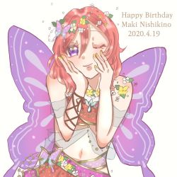 Rule 34 | 1girl, artist name, artist request, bandeau, bare shoulders, blush, butterfly hair ornament, butterfly wings, collarbone, female focus, flower, flower necklace, frilled bandeau, frills, hair between eyes, hair ornament, head wreath, insect wings, jewelry, looking at viewer, love live!, love live! school idol project, medium hair, mikage pana, nail polish, nails, necklace, nishikino maki, one eye closed, parted lips, purple eyes, red bandeau, red hair, shawl, short hair, smile, solo, white background, wings, yellow nails