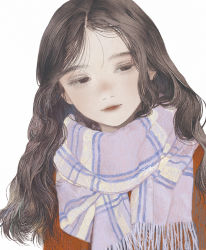 Rule 34 | 1girl, brown eyes, brown hair, closed mouth, enpera, eyebrows, fringe trim, half-closed eyes, highres, light smile, long hair, looking to the side, matayoshi, original, pale skin, parted hair, plaid, plaid scarf, purple scarf, realistic, red lips, scarf, simple background, solo, upper body, wavy hair, white background