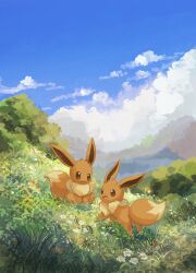 Rule 34 | animal focus, blue sky, brown fur, cloud, cloudy sky, creatures (company), day, eevee, flower, game freak, gen 1 pokemon, grass, highres, looking at another, nintendo, no humans, on grass, open mouth, pokemon, pokemon (creature), sitting, sky, smile, volpecorvo