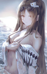 Rule 34 | 1girl, backlighting, bare shoulders, bikini, breasts, brown eyes, brown hair, cleavage, collarbone, earrings, eyewear on head, fate/grand order, fate (series), hair ornament, highres, jewelry, large breasts, long hair, moda (mo da 3), multiple earrings, navel, ocean, open clothes, robe, smile, solo, sunglasses, swimsuit, twintails, very long hair, wading, water, wet, white bikini, yu mei-ren (fate), yu mei-ren (swimsuit lancer) (fate)