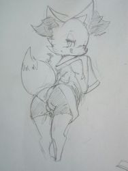 Rule 34 | 1girl, animal ears, ass, blush, braixen, cleft of venus, creatures (company), female focus, fox ears, fox tail, from behind, full body, furry, furry female, game freak, gen 6 pokemon, greyscale, half-closed eyes, hand up, highres, licking lips, long sleeves, looking at viewer, looking back, monochrome, nintendo, panties, partially visible vulva, pokemon, pokemon (creature), pussy, pussy juice, shirt, simple background, sketch, sleeves past fingers, sleeves past wrists, smile, solo, standing, stick, tail, thighhighs, tongue, tongue out, traditional media, uncensored, underwear, vono (voon), wedgie, white background