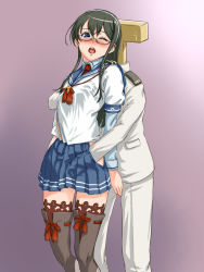 Rule 34 | 10s, 1boy, 1girl, ;o, admiral (kancolle), black hair, blue eyes, blush, fingering, glasses, grabbing, grabbing another&#039;s breast, groping, hairband, hand in skirt, hand under clothes, hands in shirt, hetero, highres, hip vent, kantai collection, long hair, one eye closed, ooyodo (kancolle), open mouth, rasukaru, ribbon-trimmed legwear, ribbon trim, school uniform, serafuku, skirt, t-head admiral, thighhighs, wince