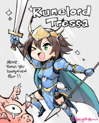Rule 34 | 1girl, alternate costume, armor, brown hair, chibi, english text, feathers, ge-b, green eyes, hair ornament, jewelry, long hair, monster, necklace, octopath traveler, octopath traveler i, open mouth, polearm, short hair, simple background, smile, spear, tressa (octopath traveler), weapon