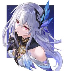 Rule 34 | 1girl, bare shoulders, breasts, butterfly hair ornament, closed mouth, crossed bangs, detached sleeves, expressionless, genshin impact, grey hair, hair between eyes, hair ornament, highres, kachi, long hair, looking at viewer, medium breasts, red eyes, simple background, skirk (genshin impact), solo, upper body