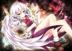 Rule 34 | 1girl, brooch, feathered wings, highres, jacket, jewelry, kishin sagume, open clothes, open jacket, red eyes, silver hair, single wing, sisterakuma, solo, thighs, touhou, white wings, wings