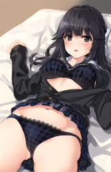 Rule 34 | 1girl, bed, bed sheet, black bra, black cardigan, black eyes, black hair, black skirt, blunt bangs, blush, bra, cardigan, clothes lift, commentary request, highres, long hair, long sleeves, looking at viewer, lying, navel, on back, on bed, open cardigan, open clothes, open mouth, original, panties, pillow, plaid, plaid bra, plaid panties, plaid skirt, pleated skirt, skirt, skirt lift, solo, stomach, thighs, unasaka ryou, underwear, uniform