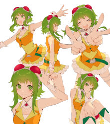 Rule 34 | 1girl, belt, bridal garter, closed eyes, double v, goggles, goggles on head, green eyes, green hair, gumi, headset, highres, looking up, multiple views, open mouth, outstretched arms, short hair with long locks, sitting, skirt, smile, torino sasami, v, vest, vocaloid, wrist cuffs