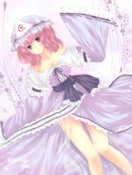 Rule 34 | 1girl, bare shoulders, breasts, cleavage, female focus, hat, highres, japanese clothes, large breasts, legs, loading (verjuice), lying, off shoulder, on back, pink eyes, pink hair, saigyouji yuyuko, short hair, solo, touhou