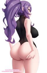 Rule 34 | 1girl, artist name, ass, ass grab, ass support, back, bare shoulders, breasts, camilla (fire emblem), fire emblem, fire emblem fates, from behind, grabbing own ass, heattech leotard, huge ass, karmanseph, large breasts, long hair, nintendo, ponytail, purple eyes, purple hair, sideboob, smirk, solo, thick thighs, thighs, turtleneck, white background