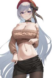 Rule 34 | 1girl, aran sweater, azur lane, bare shoulders, belfast (azur lane), belfast (shopping with the head maid) (azur lane), beret, black bow, black pantyhose, black skirt, bow, breasts, brown sweater, cable knit, cleavage, commentary request, cowboy shot, crop top, earrings, grey hair, hair bow, hat, highres, hoop earrings, jewelry, large breasts, lom (lom lom 8), long hair, long sleeves, looking at viewer, midriff, miniskirt, navel, off-shoulder sweater, off shoulder, pantyhose, pencil skirt, purple eyes, red hat, simple background, skirt, smile, solo, standing, stomach, sweater, very long hair, white background