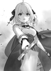 Rule 34 | 1girl, aiguillette, anisphia wynn palettia, bow, bowtie, cape, commentary request, cowboy shot, epaulettes, greyscale, hair ribbon, high-waist skirt, highres, holding, holding sword, holding weapon, kisaragi yuri, long sleeves, looking at viewer, medium hair, monochrome, official art, parted lips, ribbon, second-party source, shirt, skirt, solo, sword, tensei oujo to tensai reijou no mahou kakumei, weapon