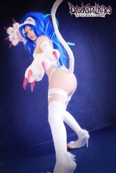 Rule 34 | 1girl, animal ears, animal hands, ass, blue hair, breasts, cat ears, cat tail, cosplay, felicia (vampire), from behind, highres, long hair, medium breasts, photo (medium), real life, tail, thong, vampire (game), very long hair, zettai cos