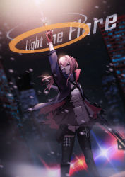 Rule 34 | 1girl, alternate costume, ar-15, black thighhighs, english text, firing, girls&#039; frontline, gloves, gun, hair ornament, highres, holding, holding gun, holding weapon, leg holster, lodbyy, long hair, looking up, pink eyes, pink hair, red gloves, rifle, sniper rifle, solo, st ar-15 (girls&#039; frontline), thighhighs, weapon