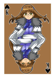 Rule 34 | 00s, 1girl, brown hair, card, card (medium), glasses, king (playing card), king of spades, lyrical nanoha, mahou shoujo lyrical nanoha, mahou shoujo lyrical nanoha strikers, multiple views, numbers (nanoha), playing card, quattro (nanoha), twintails, yellow eyes, zerosu (take out)