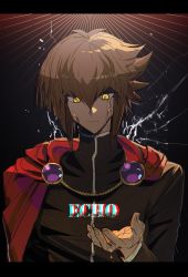 Rule 34 | 1boy, alternate costume, black jacket, brown hair, cape, cocaduel, crack, cracked glass, cracked skin, english text, hair between eyes, highres, jacket, letterboxed, light brown hair, long sleeves, male focus, multicolored hair, red cape, short hair, sidelocks, solo, supreme king (yu-gi-oh! gx), two-tone hair, upper body, yellow eyes, yu-gi-oh!, yu-gi-oh! gx, yuki judai