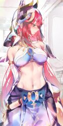 Rule 34 | 1girl, absurdres, aqua eyes, arms behind back, bare shoulders, blue brooch, blue gemstone, blue skirt, breasts, cocoballking, crop top, detached sleeves, facing to the side, fake horns, gem, genshin impact, gold choker, harem outfit, highres, horns, long hair, medium breasts, navel, nilou (genshin impact), profile, red hair, skirt, solo, twintails, veil, very long hair, white headdress, white sleeves