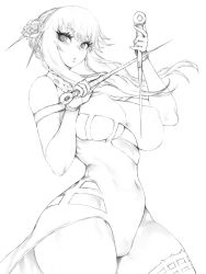 Rule 34 | 1girl, bare shoulders, cameltoe, covered erect nipples, covered navel, curvy, dual wielding, eyelashes, fingerless gloves, flower, fumio (rsqkr), gloves, greyscale, hair flower, hair ornament, hairpin, highleg, highleg leotard, holding, holding weapon, leotard, long eyelashes, long hair, looking at viewer, monochrome, parted lips, rose, simple background, skindentation, solo, spy x family, thighhighs, weapon, white background, wide hips, yor briar