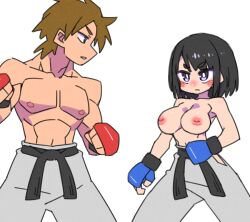 Rule 34 | 1boy, 1girl, belt, black belt, black hair, blue gloves, breasts, brown hair, cannsk, commentary request, fingerless gloves, gloves, grey pants, inverted nipples, large breasts, medium hair, mixed-sex combat, mma gloves, muscular, muscular male, navel, nipples, original, pants, pectorals, purple eyes, red gloves, topless, topless male