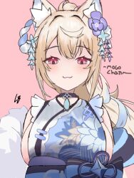 Rule 34 | 1girl, :3, animal ear fluff, animal ears, black sash, blonde hair, blue hair, blue kimono, blush, breasts, closed mouth, dog ears, dog girl, fangs, floral print kimono, flower, fuwawa abyssgard, fuwawa abyssgard (new year), hair flower, hair ornament, high ponytail, highres, hololive, hololive english, japanese clothes, kimono, large breasts, long hair, loob, looking at viewer, multicolored hair, obi, official alternate costume, open mouth, pink eyes, sash, skin fangs, smile, solo, streaked hair, virtual youtuber