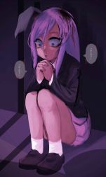 Rule 34 | 1girl, black footwear, black jacket, blazer, blood, collared shirt, commentary request, constricted pupils, cookie (touhou), crying, full body, highres, hisui (cookie), jacket, loafers, long hair, makaarami, open mouth, own hands together, pink skirt, pleated skirt, purple hair, rabbit girl, reisen udongein inaba, shirt, shoes, sitting, skirt, socks, solo, touhou, translation request, white shirt, white socks