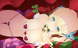 Rule 34 | 10s, 1girl, bare shoulders, bell, neck bell, bikini, blonde hair, blue eyes, blush, boku wa tomodachi ga sukunai, breasts, butterfly hair ornament, cait aron, christmas, cleavage, collar, elbow gloves, female focus, front-tie top, gift, gloves, hair ornament, highres, in container, kashiwazaki sena, large breasts, long hair, looking at viewer, sack, side-tie bikini bottom, solo, swimsuit